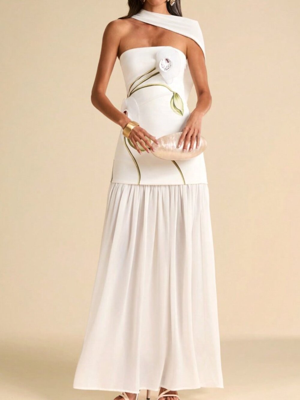 White Elegant Women's 3d Floral Strapless Dress With Scarf - Picture 4 of 5